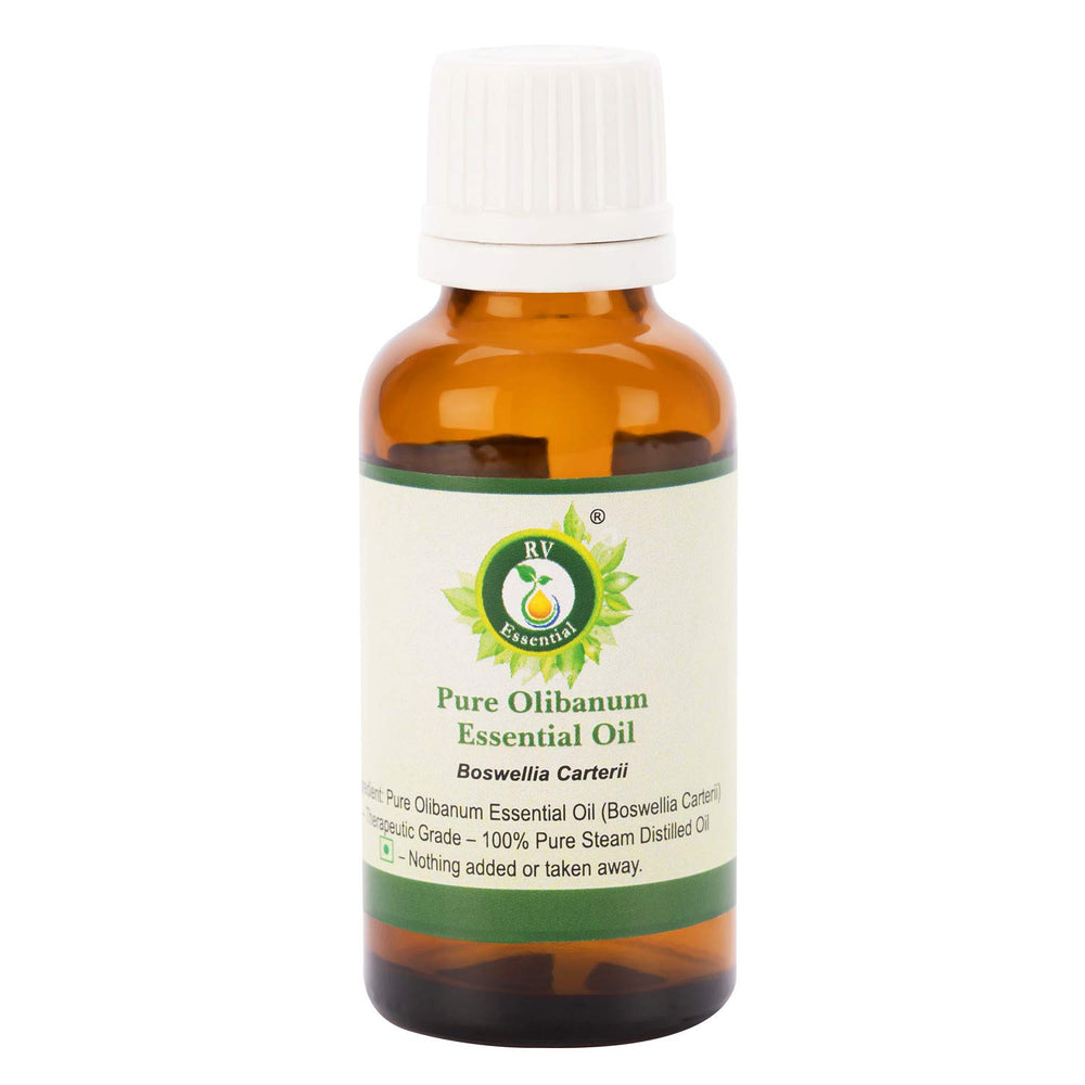 R V Essential Olibanum essential oil bottle ready for relaxation and skin care routines.