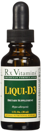 Rx Vitamins Liqui-D3 bottle with olive oil base and dropper for easy dosing.