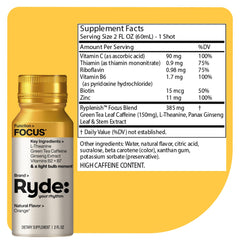Ryde Focus Shot orange label highlights zero calories and flavor.