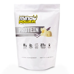 Ryno Power vanilla whey protein bag front view, premium protein for daily workouts.