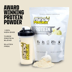 Ryno Power vanilla whey protein serving scoop shows 27g protein per serving.