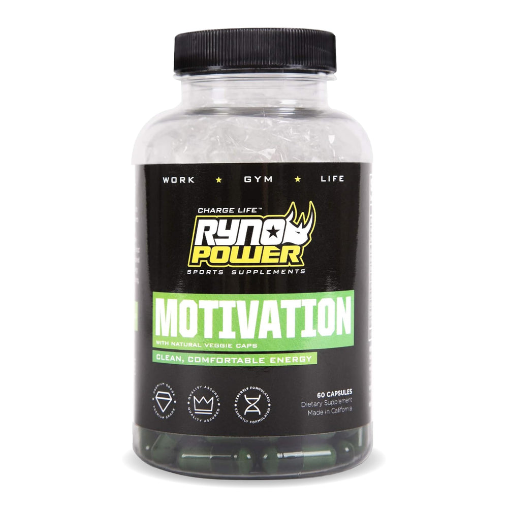 Ryno Power Motivation pre-workout capsules in a bottle offer focused training support.