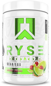 RYSE BCAA EAA Powder Cherry Limeade bottle pours during workout hydration