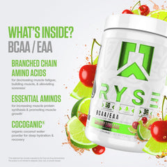 RYSE BCAA EAA Powder coconut water hydration graphic emphasizes electrolytes