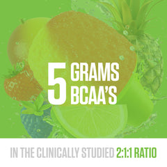 RYSE BCAA EAA Powder Tropical SnoCone mixing glass showing fast-dissolving formula in action