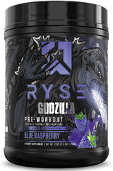 RYSE Godzilla blue raspberry powder bottle ready for a high-energy workout.