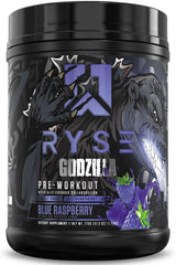 RYSE Godzilla blue raspberry powder bottle ready for a high-energy workout.
