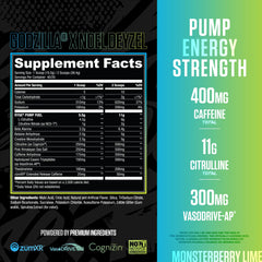 RYSE Godzilla Monsterberry Lime powder scoop ready to mix for quick, effective workouts.