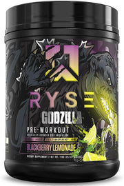 RYSE Godzilla X Noel Deyzel pre-workout tub label showcases BlackBerry Lemonade flavor for energized workouts.