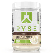 RYSE Loaded Plant Protein Vanilla bottle with scoop for muscle support and clean nutrition.