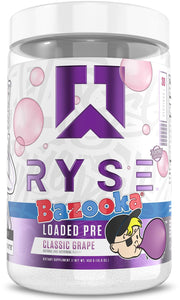 RYSE Loaded Bazooka Grape tub front for daily pre-workout energy and focus.