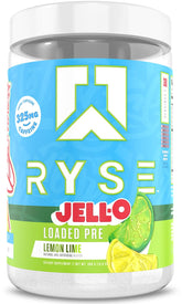 RYSE Loaded Pre-Workout Jell-O Lemon Lime tub ready for a high-energy session with sustained focus.