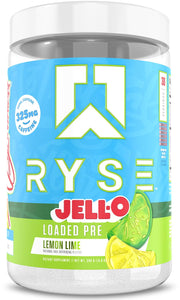 RYSE Loaded Pre-Workout Jell-O Lemon Lime tub ready for a high-energy session with sustained focus.