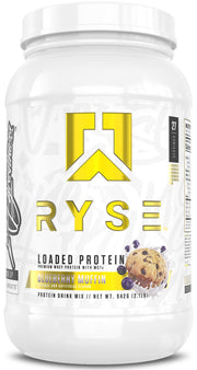 RYSE Loaded Protein blueberry muffin tub highlighting premium protein blend for workouts