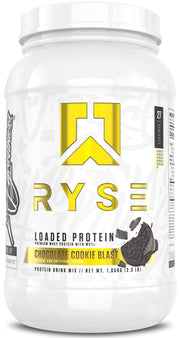 RYSE Loaded Protein Powder Chocolate Cookie Blast bottle view supports post-workout recovery with convenient shakes.