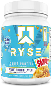RYSE Loaded Protein marshmallow tub close-up highlighting smooth mixability and flavor