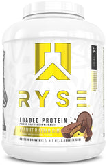 RYSE Loaded Protein Peanut Butter Cup bottle showcases premium protein for muscle recovery and great taste.