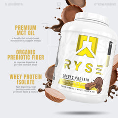 RYSE Loaded Protein Peanut Butter Cup pour reveals creamy texture and mix-ready formula.