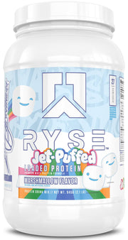 RYSE Loaded Protein Powder bottle showing marshmallow flavor for muscle recovery