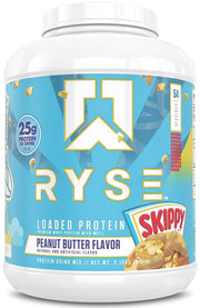 RYSE Loaded Protein Powder Skippy Peanut Butter tub front, ideal post-workout recovery.