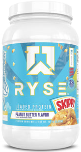 RYSE Loaded Protein Powder tub with Skippy flavor for post-workout shakes.