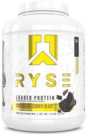 RYSE Up Loaded Protein Powder Chocolate Cookie Blast tub highlights 25g protein per serving.