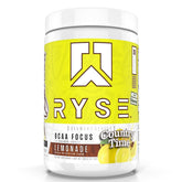 RYSE Up BCAA Focus Country Time Lemonade label closeup highlights hydration and energy.