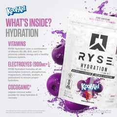 RYSE Up Hydration Sticks glass with ice illustrates refreshing, zero-sugar hydration.