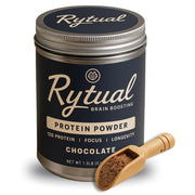 Rytual Brain Boosting Powder chocolate tub front for focus support during daily tasks.