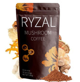 RYZAL Mushroom Coffee bottle being poured for a smooth energy boost.