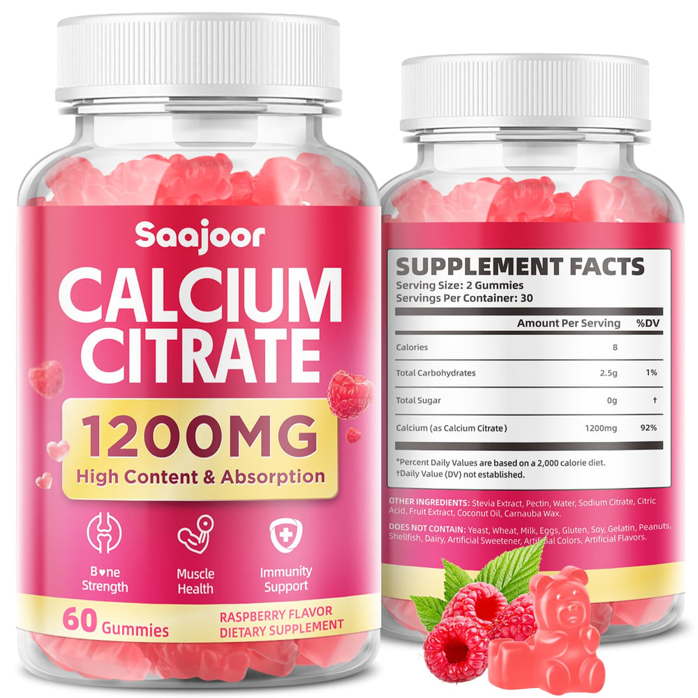 Saajoor Calcium Citrate Gummies bottle shows 1200 mg per serving for bone support.