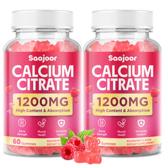 Saajoor Calcium Citrate Gummies bottle with raspberry flavor for daily bone and muscle support.