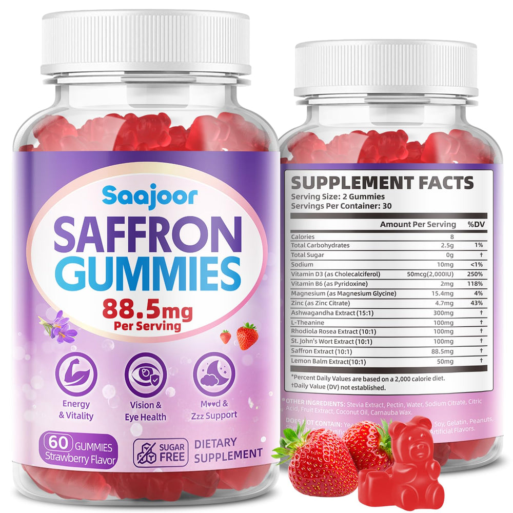 Saajoor saffron gummies bottle front showcasing strawberry flavor for daily mood support.