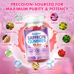 Saajoor saffron gummies label ingredients with D3, B6, zinc for nutrient foundation.