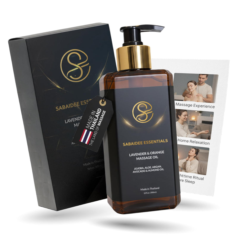 Sabaidee Essentials aromatherapy massage oil bottle pour for silky glide at home spa.