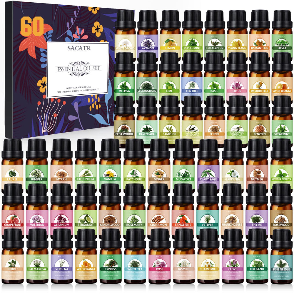 SACATR essential oil set 60-bottles on shelf, great for DIY diffusion