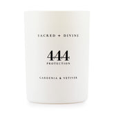 Sacred + Divine 444 candle with gardenia and vetiver for calming energy and protective vibes.