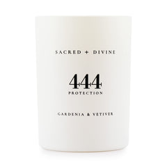 Sacred + Divine 444 candle with gardenia and vetiver for calming energy and protective vibes.