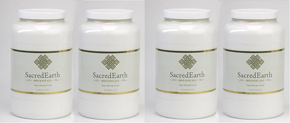 Sacred Earth Botanicals vegan massage cream 1 gal 4-pack bottle for full-body sessions, unscented and water dispersible.