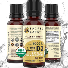 Sacred Eats Vitamin D Drops bottle front with 1000 IU per drop
