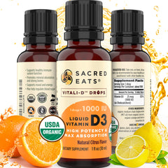 Sacred Eats vitamin D drops bottle with citrus flavor for easy daily dosage.