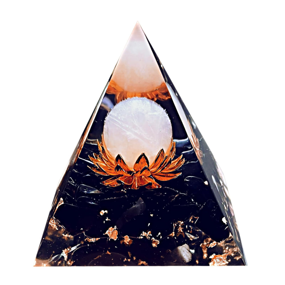 Saefheled Flower of Life orgonite pyramid with pink crystal promotes meditation calm