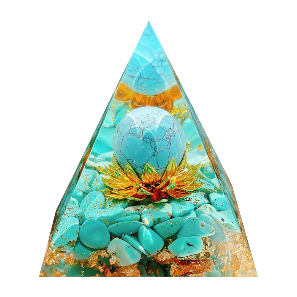 Saefheled Flower of Life orgonite pyramid with turquoise hue for focused meditation