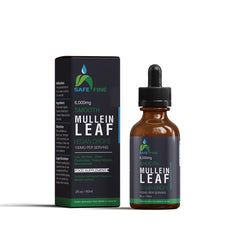 Safefine mullein tincture bottle pour highlights easy dosing for respiratory support.