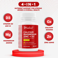 Safrel calcium-magnesium-zinc-d3 label shot highlighting vitamin d3 content and zinc benefits.