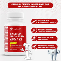 Safrel calcium-magnesium-zinc-d3 tablets close-up for bone and muscle health.