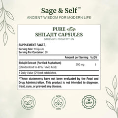 Himalayan origin Sage & Self Shilajit packaging emphasizing purity and mineral content