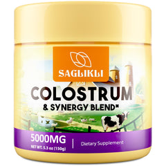 Saglikli Colostrum Bottle showing 5000 mg serving for daily nourishment.