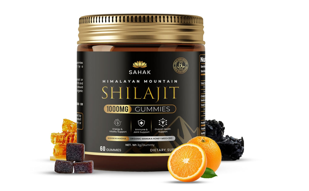 SAHAK Shilajit Gummies bottle pour for convenient daily energy.