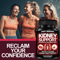Saint Mingiano Kidney Support capsules closeup, cranberry herbal blend for urinary wellness